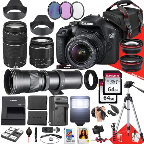 Canon EOS 2000D / Rebel T7 DSLR Camera Canon EF-S 18-55mm F/3.5-5.6 DC III Zoom, EF 75-300mm f/4-5.6 III and 420-800mm f/8.3 HD Lens + 128 GB Memory + Filters + More (36pc Bundle) (Renewed)