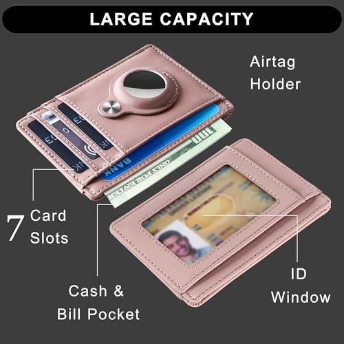 Image of Hawanik Slim Minimalist Front Pocket AirTag Wallet, RFID Blocking Card Holder with AirTag Holder, Pink Champagne, Women's Fashion Wallet