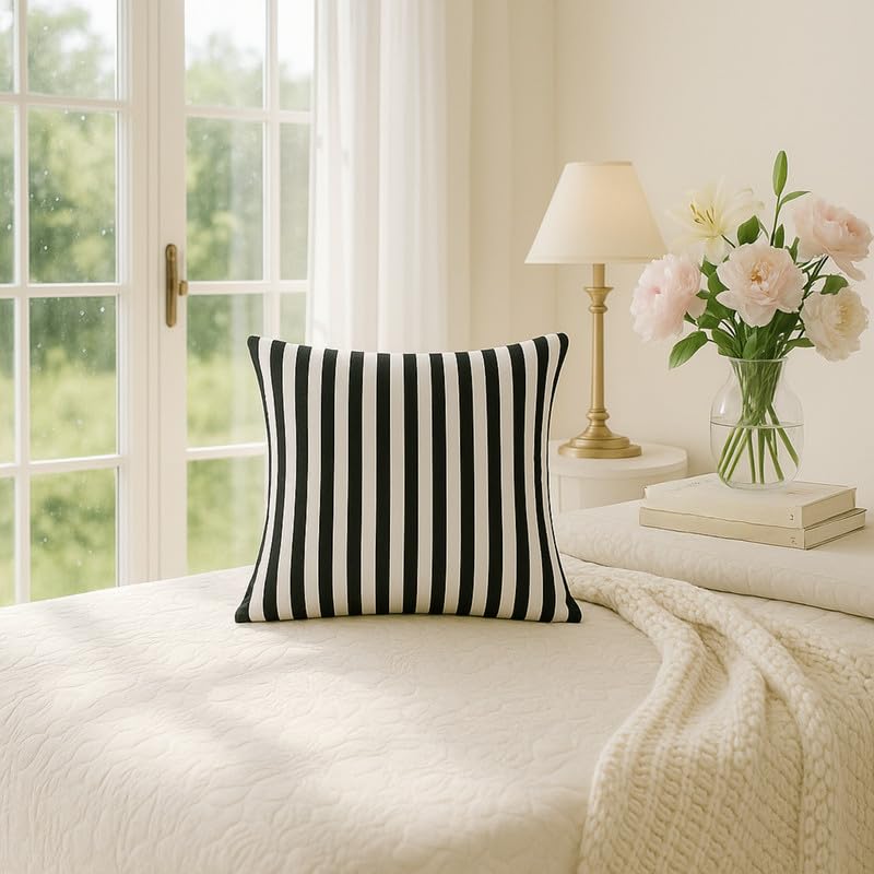 Image of WWW.THROWPILLOW.IN Black and White Striped Cushion Cover, Premium Decor Fabric, Smooth Black and White Pattern, Modern Cushion, Minimalist Sofa Accent Pillowcase Square Sofa Cushion 16x16 Inches