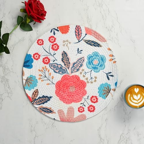 Image of LaVichitra Cotton Table Placemat | Dining Table Mat | Bed Side Table Mat | Cotton Round Shape Placemats | Washable PlaceMat for Shelves & Plant Pots - Pack of 2, Floral Print
