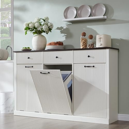 Image of IFBUY Triple Tilt Out Laundry Hamper Cabinet, Modern Fluted Trash Can Cabinet w /3 Drawers, 20 Gallon Hidden Garbage Can Cabinet w /Laundry Basket & Adjustable Shelf for Bathroom,Kitchen, Antique White
