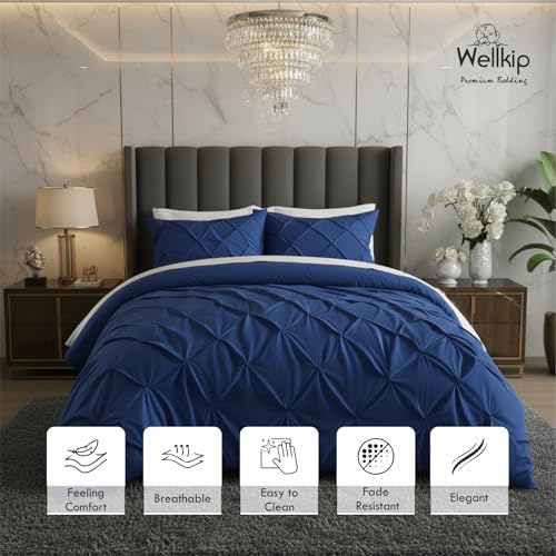Image of Pinch Pleated Duvet Cover Set 1000TC 100% Cotton Premium 3-Pieces 1-Duvet Cover & 2-Pillow Cover Luxury Look Home and Hotel Zipper & 8-Tie Closure (Royal Blue, Single 60 X 90 Inch)