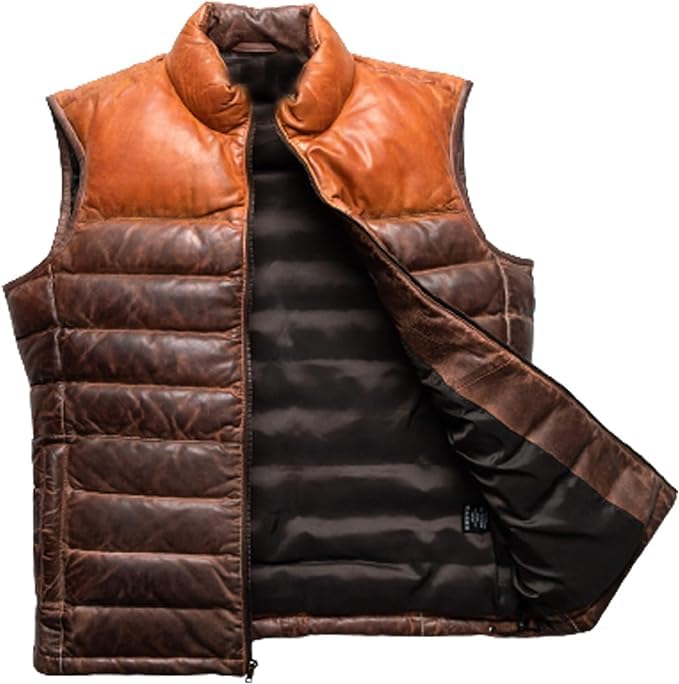 Zulin Puffer Vest Men Real Lambskin Leather Quilted Down jacket Two Ton Tan and Brown Color |Outdoor Sleeveless Mens Vests |2