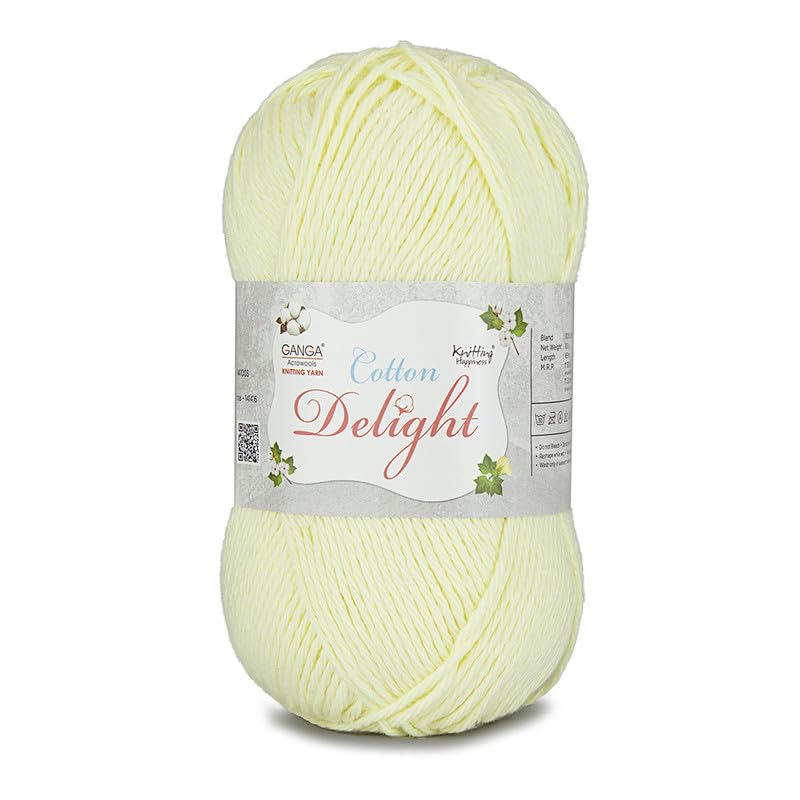 Image of Ganga Acrowools Cotton Delight, Dk Weight Cotton Yarn, Oekotex Class L Certified 100G, 169M, Pack of 1 Ball - 100gm Each, Shade No. - COD032, Glass Cream