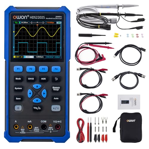 HDS2202S OWON Oszilloskop 3 in 1 Handoszilloskop 200MHz Bandbreite 1GS/s Abtastrate + 4 1/2 Stellen Multimeter+ 25MHz Signalgenerator 3,5' LCD mit einstellbarer Helligkeit