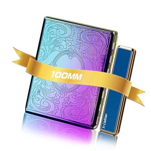 X-LIGHTER XL016 Vintage Cigarette Case with Lighter for 100's King Size, Retro Flower Metal 100mm Cigarette Holder Case for Men Women Thanksgiving Christmas Day Gift