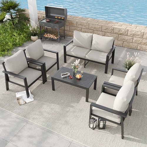 Image of 6 Pieces Aluminum Outdoor Patio Furniture Set 6-Seat Deck Furniture Patio Conversation Sets All-Weather Rust-Proof Sectional Sofa Set with Removable Cushion for Balcony, Yard, Poolside
