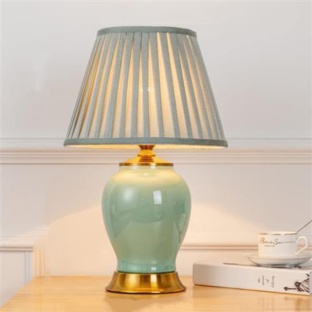 Mengjay Lámpara de Mesa Cerámica Elegante con Base de Porcelana Verde y Pantalla de Tela Blanca Casquillo E27 para Dormitorio Mesita de Noche Salón