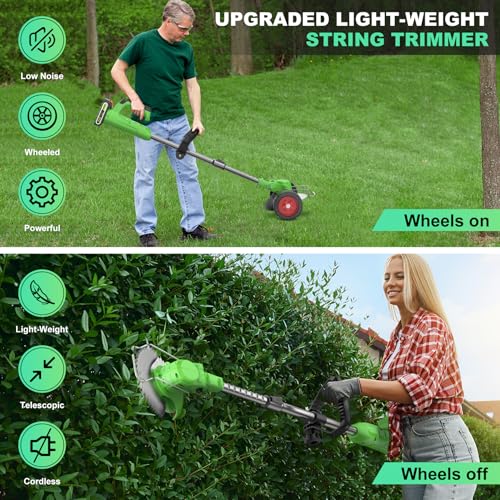 Cordless Lawn Trimmer Weed Wacker - Apiuek 21V Lawn Mower Grass Edger with 2.0Ah Li-Ion Battery Powered & 3 Cutting Blade Types, Compact Power Tool for Lawn Yard Work