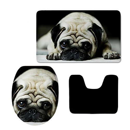 Coloranimal 3-teiliges Badezimmerteppich-Set mit süßem Mops-Aufdruck, WC-Vorleger + WC-Deckelbezug + Badematte