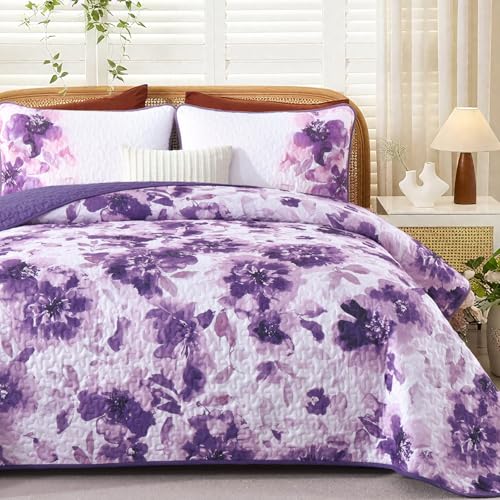 Luxudecor Floral Quilt Set Queen Size - 3 Pieces Purple Watercolor Botanical Bedspread Coverlet Set with 2 Pillowcases Lightweight Soft Bedding Set for All Seasons 96x90