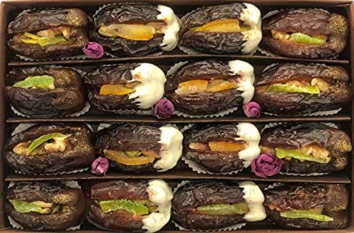 Sweet Saffron Medjool Dates â€“ Dried Dates Box - Stuffed Dates with Walnut, Pistachio, and Cashew â€“ Dates Covered in Dark/White Chocolate with Edible Gold and Saffron Powder â€“ Elegant and Refined Packaging