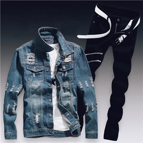 Mens Spring Denim Two Piece Set Vintage Long Sleeve Hole Ripped Slim Fit Jacket Jeans Suit Cargo Sets3