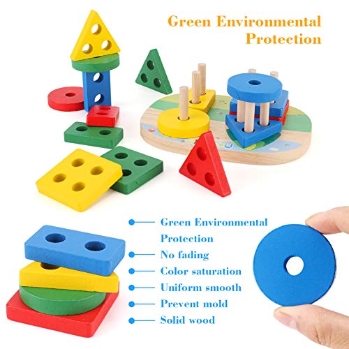 NASHRIO Wooden Educational Preschool Toddler Toys Shape Color Sorting and Stacking Blocks for Age 1 2 3 Boys and Girls
