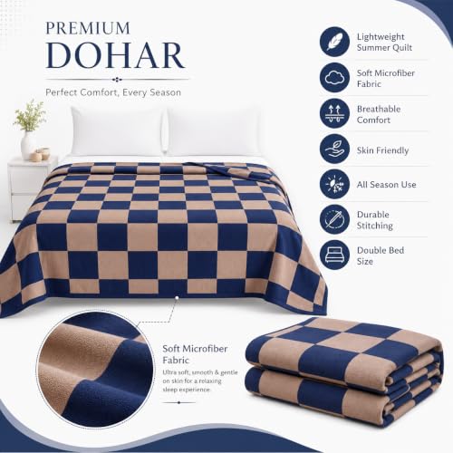 Image of Double Bed Dohar Navy Beige Check | Lightweight Summer Quilt | Soft Microfiber AC Blanket | Breathable All Season Comforter | Skin Friendly Bed Cover