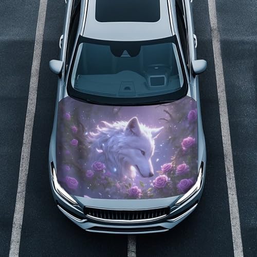 Image of Purple Rose Wolf Car Hood Cover Protector for Women, 59x39 Inch Car Hood Wrap Blankets, Universal Automotive Exterior Accessories for Sedans SUV Trucks Pickup Jeep