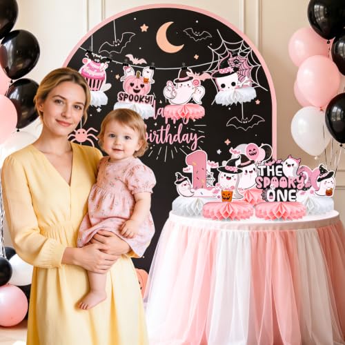 Image of 9pcs Spooky One Table Centerpieces for Girls 1st Birthday Party Decorations | Double-sided 3D Halloween Honeycomb Centerpieces for First Birthday Party Supplies Pink Happy 1st Boo Day Table Sign Decors