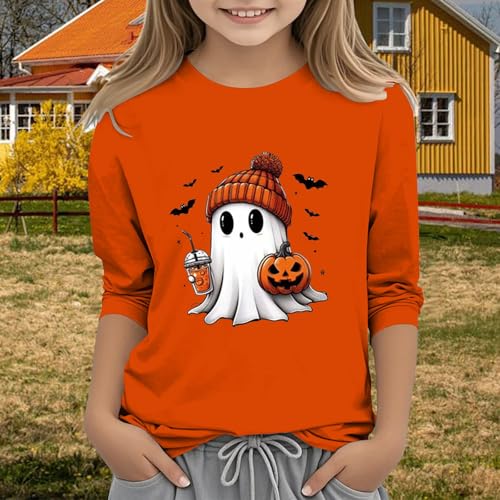 Boys Girls Halloween Shirt Kids Cute Ghost Graphic Tops 3/4 Sleeve Crewneck Shirts Cotton Athletic Letter Tee3