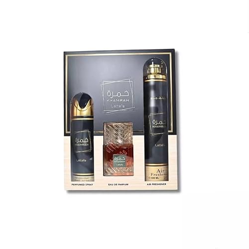 Lattafa Khamrah For Unisex 3 Piece Gift Set (3.4 Fl Oz EDP + 6.67 Fl Oz Deo + 10.14 Fl Oz Air Freshener) - Image 5