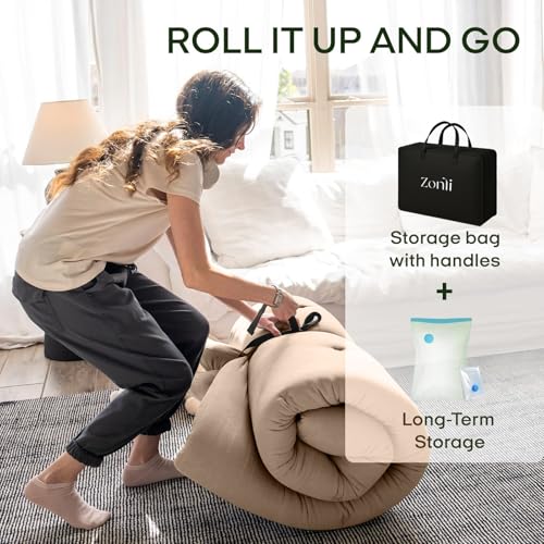 Image of ZonLi Japanese Floor Futon Mattress Twin Size 75 inchx 39 inch, 100% Cotton Cover 2.5'' Thicken Tatami Mattress, Foldable Sleeping Pad, Portable Dormitory Tatami Mat(Khaki)