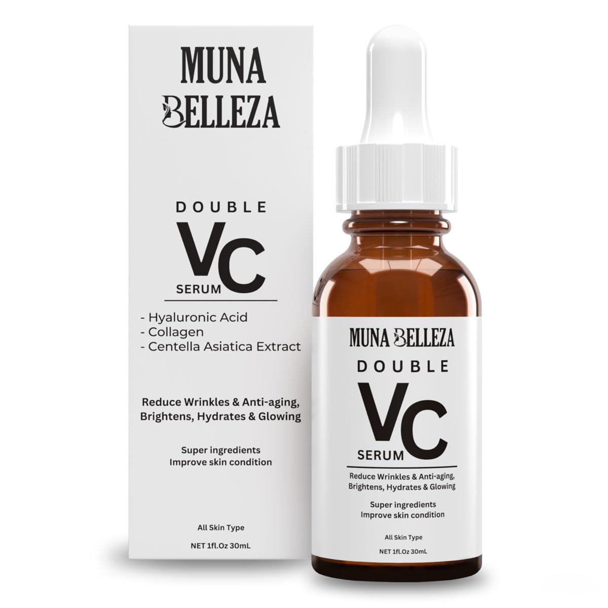 Double Vitamin C Serum for Face, With Hyaluronic Acid, Collagen, Anti-Aging, Brightening, Moisturizing, Reduces Wrinkles, For All Skin Types, Men & Women, 30mL