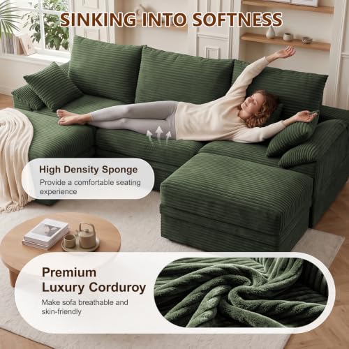 107" Modular Sectional Sofa Boneless Couch with Storage,U-Shape 3 Seat Comfy Modern Cloud Couch Sofa with Ottoman, 27" Deep Seat Corduroy Sofa for Living Room, Tool-Free Assembly - Green - image 5