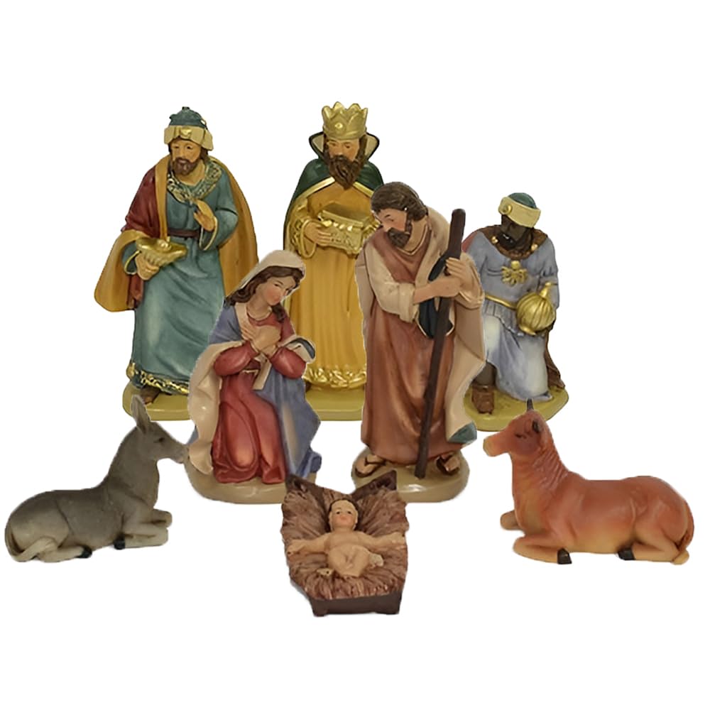 Statuine per Presepe Natività Completa 8 Pezzi Altezza Max 11 cm Sacra Famiglia con Giuseppe maria bambinello gesu' in culla bue asinello Re magi