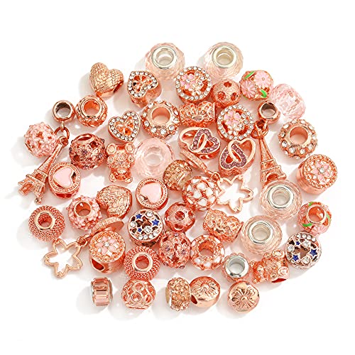 Pansona 10 Colors Assorted Silver Tone Charms Rhinestones Bead Charms Murano Glass Beads And Spacers Pack Of 50 (Rose Gold) #TOP1