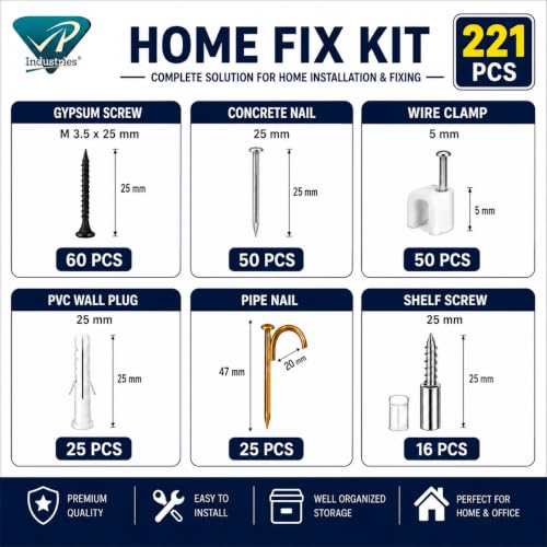 Image of By inchVP INDUSTRIES inch (221 Pcs) Home Fix Kit | All-in-One Hardware Accessories Kit for Home, Office & Factory | Screws, Wall Plugs, Wire Clamps, Concrete Nails & More