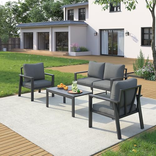 Image of UDPATIO Aluminum Outdoor Patio Furniture Set 4-Seat Metal Patio Conversation Sets with Coffee Table and Water-Resistant Cushions, Modern Patio Sectional Sofa for Porch, Deck, Backyard, Poolside