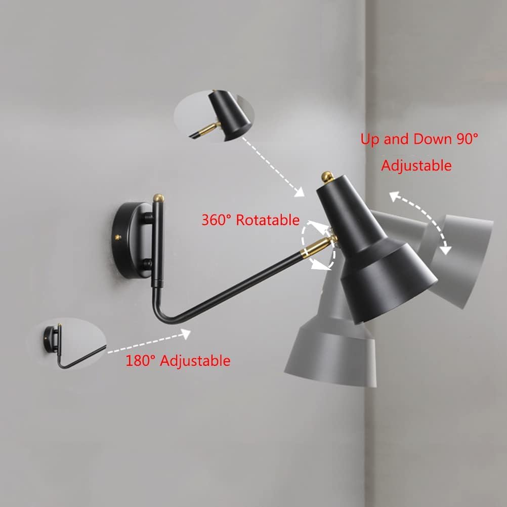 EaEa Aplique de Pared de Cabecera Brazo Largo Ajustable con Interruptor y Enchufe, Retro Lámpara de Pared de Dormitorio Luces de Lectura con Cable de 1,8 M, para Salon, Oficina, Pasillo, E27,Negro