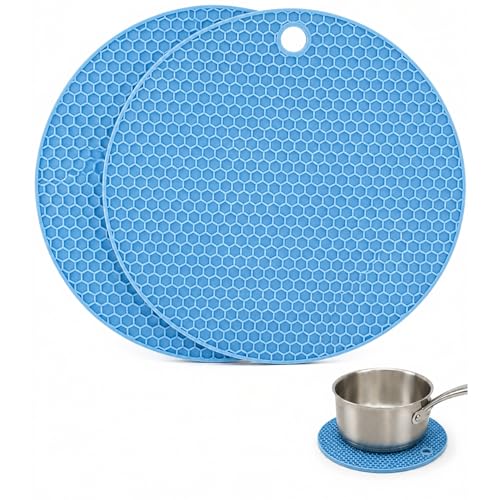Salvamantel de silicona, Protector Sartenes, Base para cazuelas, Salvamanteles Cocina, Resistente hasta 230 °C, Apto para Lavavajillas, Diámetro 18 cm, Grosor 0.5 cm, Silicona, Azul, 2 Unidades