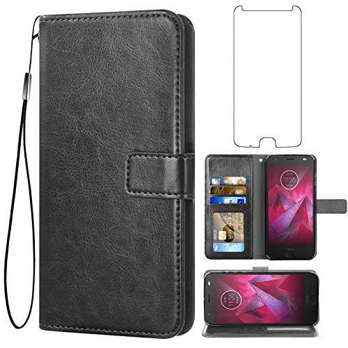 Asuwish Compatible with Moto Z2 Play Wallet Case Tempered Glass Screen Protector and Leather Flip Cover Card Holder Stand Phone Cases for Motorola MotoZ2Play Droid MotoZ2 2Play Z 2 2Z Z2play Black