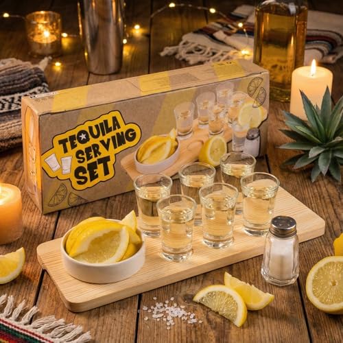MIJOMA Tequila-Servierset 9-teilig – Holzbrett mit 6 Shotgläsern, Salzstreuer & Zitronenschale...