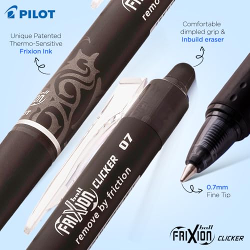 Pilot Frixion Clicker 0.7mm Fine Point Roller Ball Pen with Comfortable Dimpled Grip & Inbuild Eraser | Black Ink, 1 pcs - Image 3 thumbnail