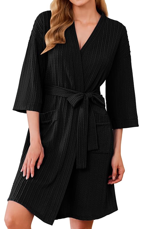 Ekouaer Damen Bademantel Verdreht Gerippt 3/4-Ärmel Morgenmantel Kurz mit Taschen und Bindengürtel Robe Kimono S-XXL
