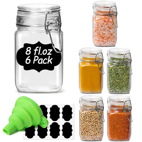 ComSaf Set of 6 Square Glass Jars with Airtight Lids (8 Oz), Pantry Canisters for Spices, Jams...