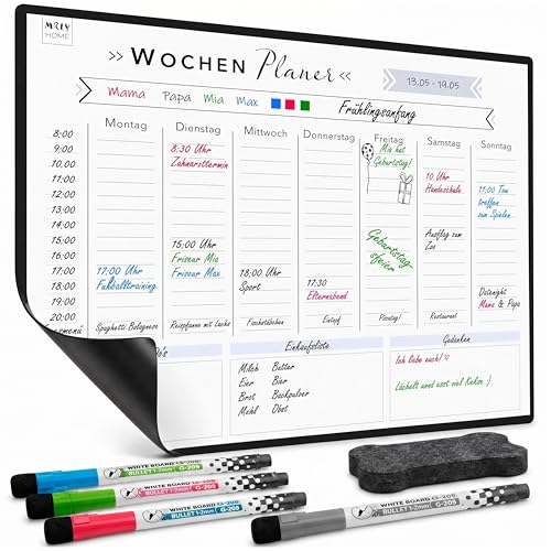 Rosenfeld Magnetischer Wochenplaner Whiteboard - Abwischbare Magnet-Tafel für den Kühlschrank inklusive 4 magnetischer Marker und Radierer (Klassisch)
