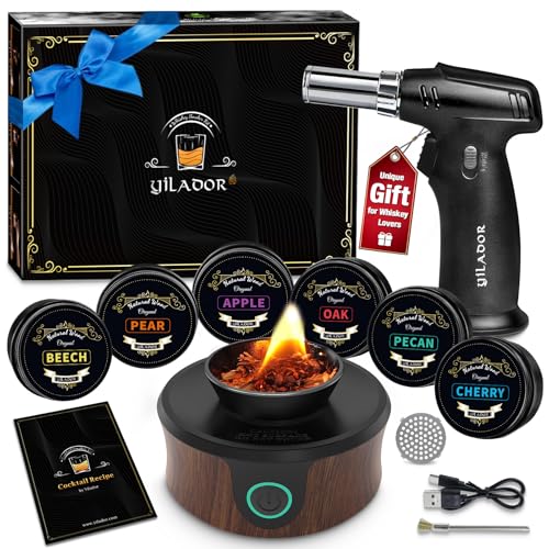 Electric Whiskey Smoker Kit with Torch, Valentine's Day Gifts for Whiskey Lover, 6 Wood Chips – Infuse Rich Smoky Flavors in Bourbon Old Fashioned & Cocktails, Gifts for Him, Husband (Without Butane)