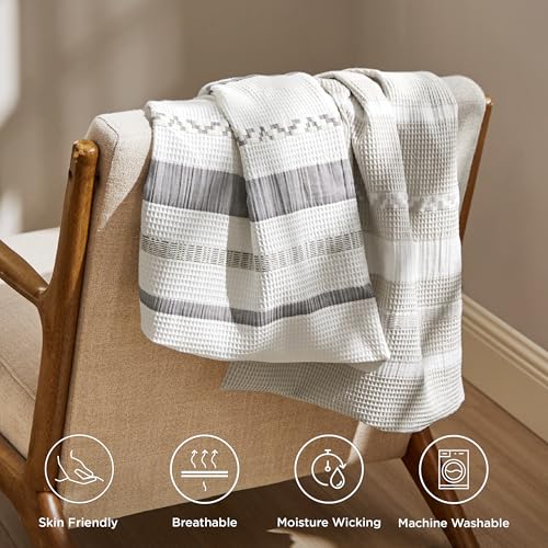 Image of Bedsure Waffle Queen Comforter Set - Linen Soft Cotton Bedding Set for All Seasons, Stripe Fluffy Bed Set 3 Pieces with 1 Waffle Weave Comforter Queen Size and 2 Pillow Shams