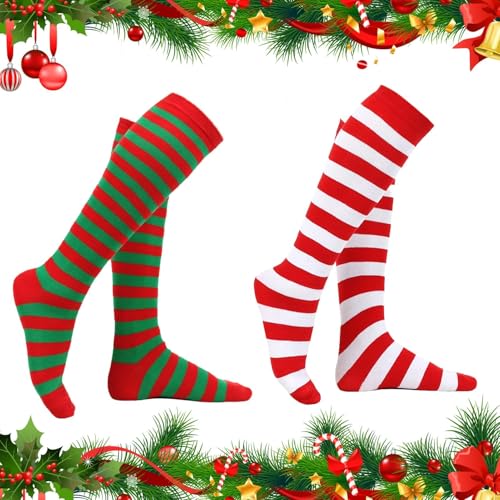 2Pairs Christmas Striped Socks, Xmas Long Knee High Socks Stretchy Red White Christmas Stocking Soft Red Green Stripe Winter Socks for Women Girls Costume Christmas Holiday Cosplay Birthday Gift