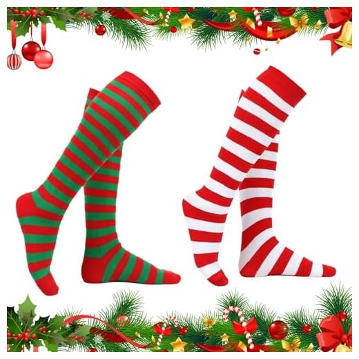 Lot de 2 Paires Chaussettes de Noël à Rayures, Chaussette Haute Noel D'hiver Douces à Rayures Chaussettes Lutin Collant Rayé Rouge Blanc Costume de Noël Vacances Cosplay Cadeau D'anniversaire