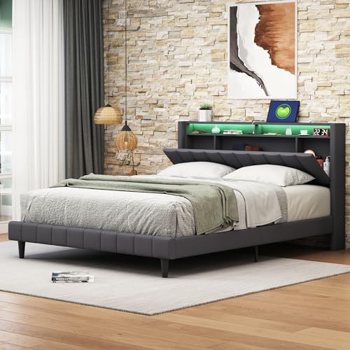 Cama doble 140 x 200 cm, tapizada con carga USB, cama doble LED con espacio de almacenamiento y somier, cama juvenil, sin colchón