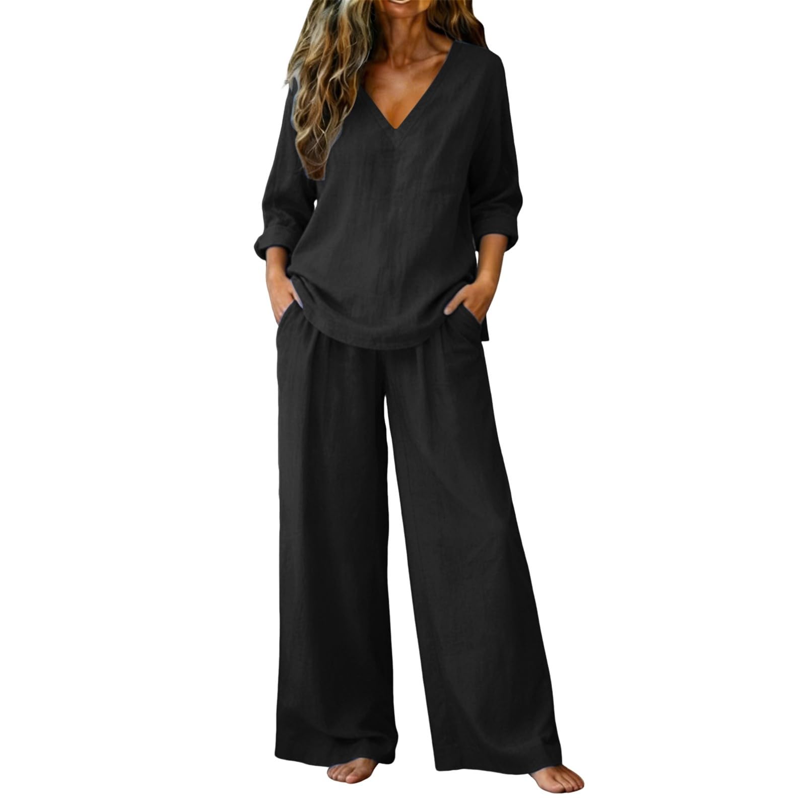 Zweiteiliges Set Damen Elegant - Sommer Leinenanzug Langarm V-Ausschnitt