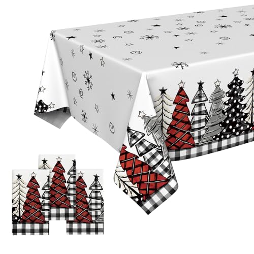 Horaldaily 3 Pack Christmas Disposable Tablecloth, Snow Trees Plastic Rectangular Table Cover for Birthday Anniversary Party Decoration 54×108 Inch
