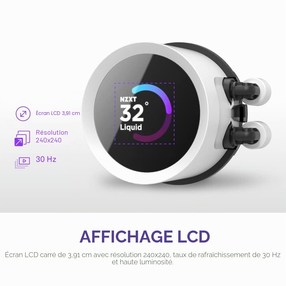 NZXT Kraken 360 RGB - RL-KR360-W1 - Refroidisseur pour processeur AIO de 360 mm - Écran LCD de 1,54 pouces personnalisable. Pompe haute performance - 3 ventilateurs F120 RGB Core - Blanc