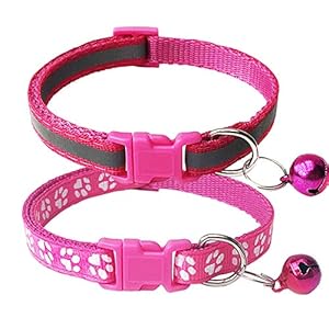 CHBORCHICEN 2-Pack Footprint & Reflective Cat Collar with Bell Basic Dog Cat Collar Buckle Adjustable Polyester Cat Dog Collar or Seatbelts (X-Small, Rose)