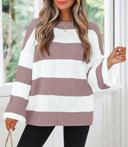 Image of ZESICA Women's 2026 Fall Long Sleeve Oversized Striped Color Block Comfy Loose Crew Neck Knitted Pullover Sweaters
