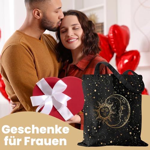 Yoljun Tote Bag Schwarz Stern Mond Motiv, Canvas Stofftasche Damen, Baumwolltasche Beutel, Geschenke Tasche Geschenk für Arbeit Reisen
