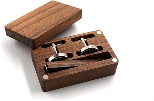 Gemelos redondos de madera de nogal negro rústico con caja organizadora para hombres, Madera, Madera